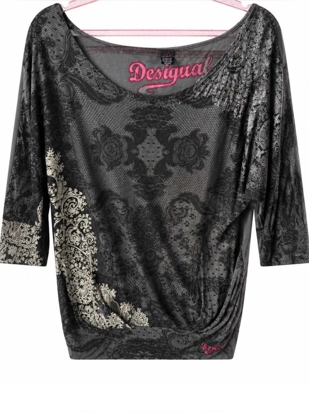 Desigual Black Printed Dolman Sleeve Top with Cream Accents